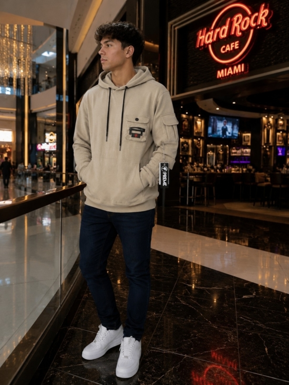 Men's Beige Pullover Hoodie with Utility Pocket